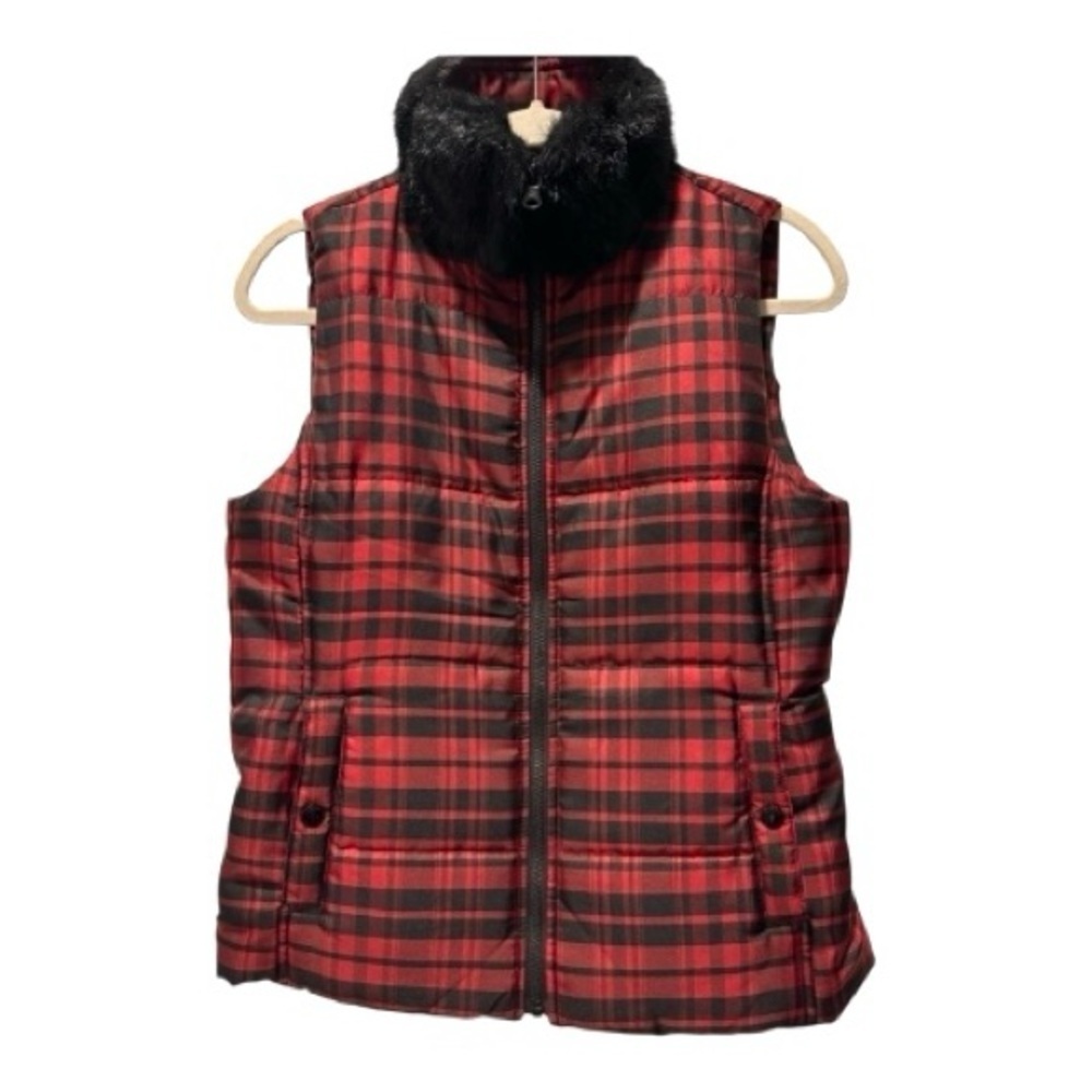 Chaps Red Plaid Quilted Puffer Vest Faux Fur Collar Cozy Winter Layer Size S